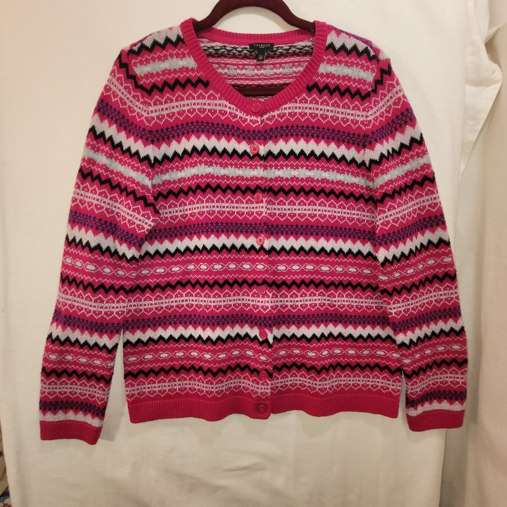 Talbots Pink Fair Isle Sweater Cardigan Petite Large Wool Blend Stretch